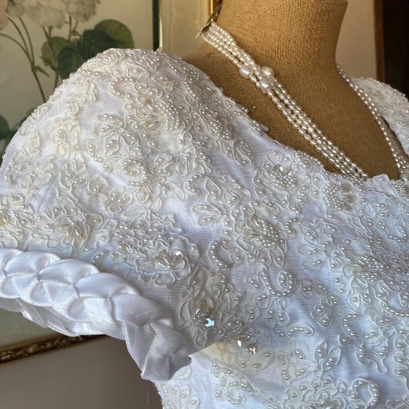 Mon Cherie Modest Bridal Gown. Beautiful Beaded Bodice with braided satin trim - Picture 8 of 10